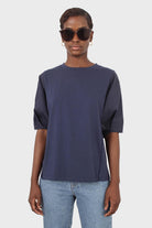 Navy contrast puff sleeve tee_1