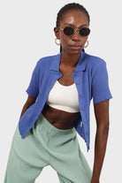 Cobalt blue ribbed fine knit polo top_7