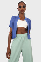 Cobalt blue ribbed fine knit polo top_11