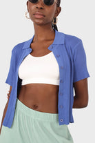 Cobalt blue ribbed fine knit polo top_12