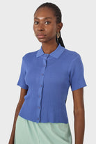 Cobalt blue ribbed fine knit polo top_9