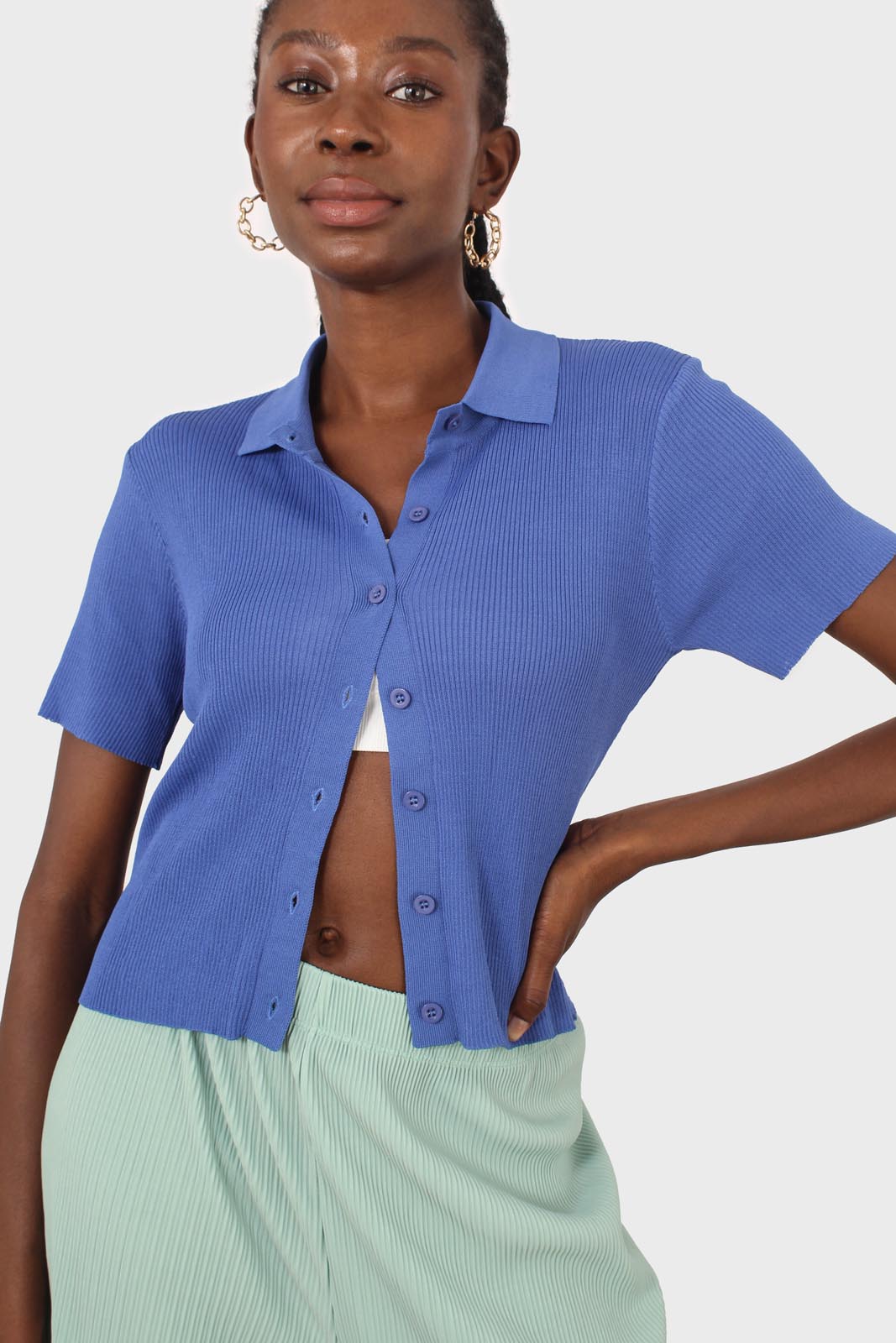 Cobalt blue ribbed fine knit polo top_1