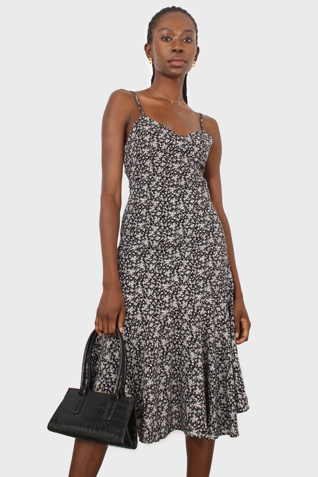 Black floral spaghetti strap midi dress_5