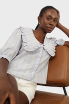 Blue striped oversized collar blouse_10