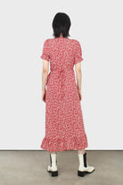 Red and white tiny floral wrap ruffle midi dress_5