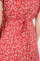 Red and white tiny floral wrap ruffle midi dress_8