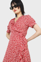 Red and white tiny floral wrap ruffle midi dress_2