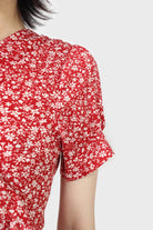 Red and white tiny floral wrap ruffle midi dress_4
