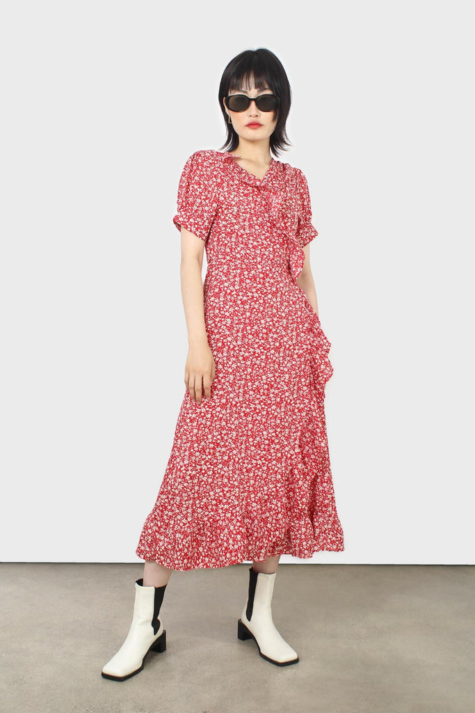 Red and white tiny floral wrap ruffle midi dress_1
