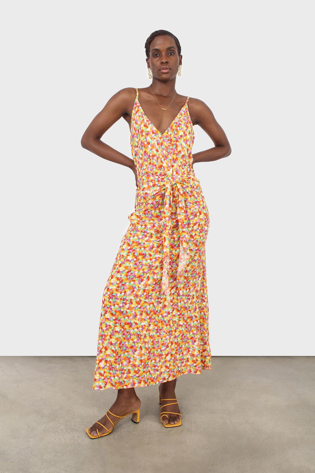 Orange dappled tie waist strappy midi dress_6