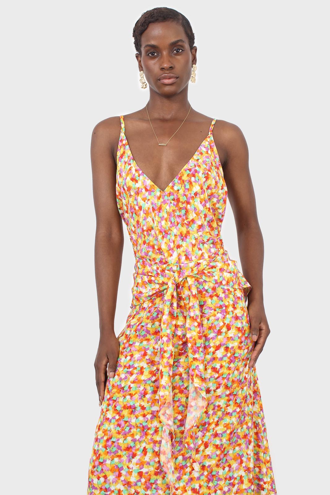 Orange dappled tie waist strappy midi dress_8