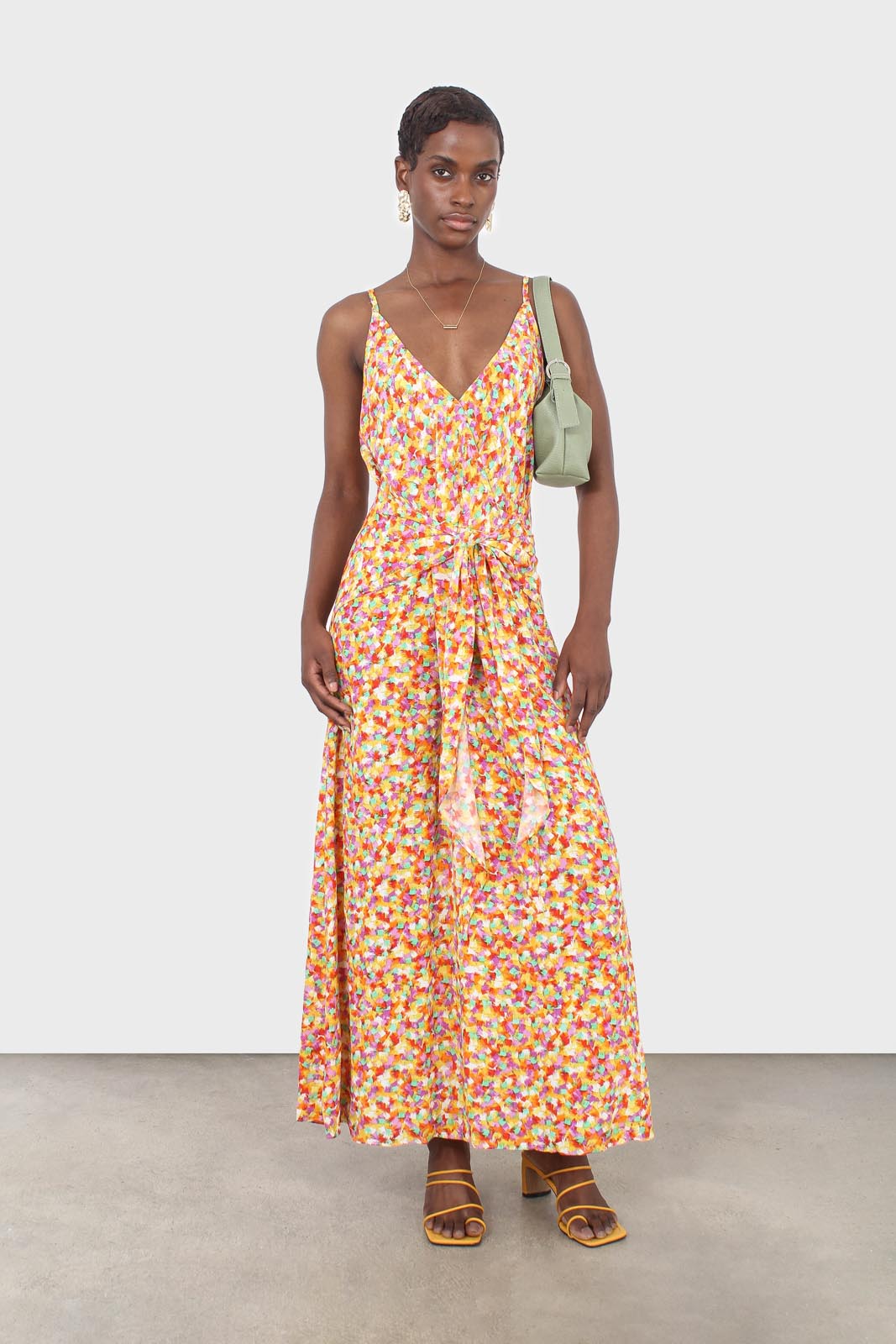 Orange dappled tie waist strappy midi dress_1