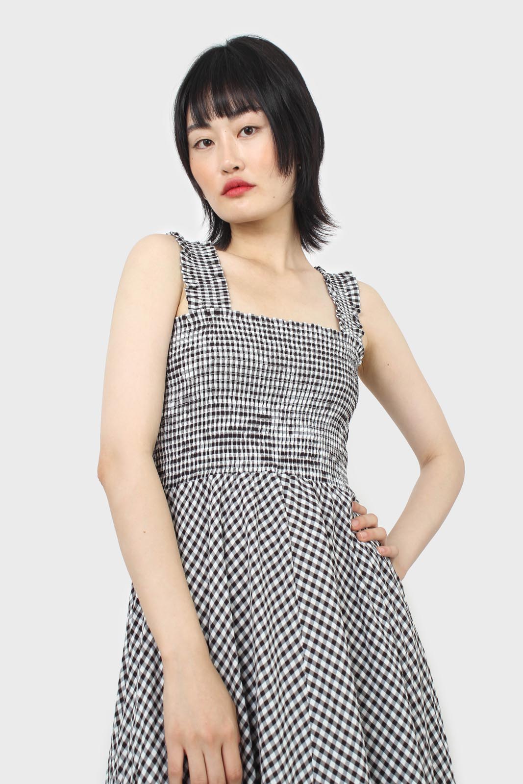 Black and white gingham ruched bodice dress_6