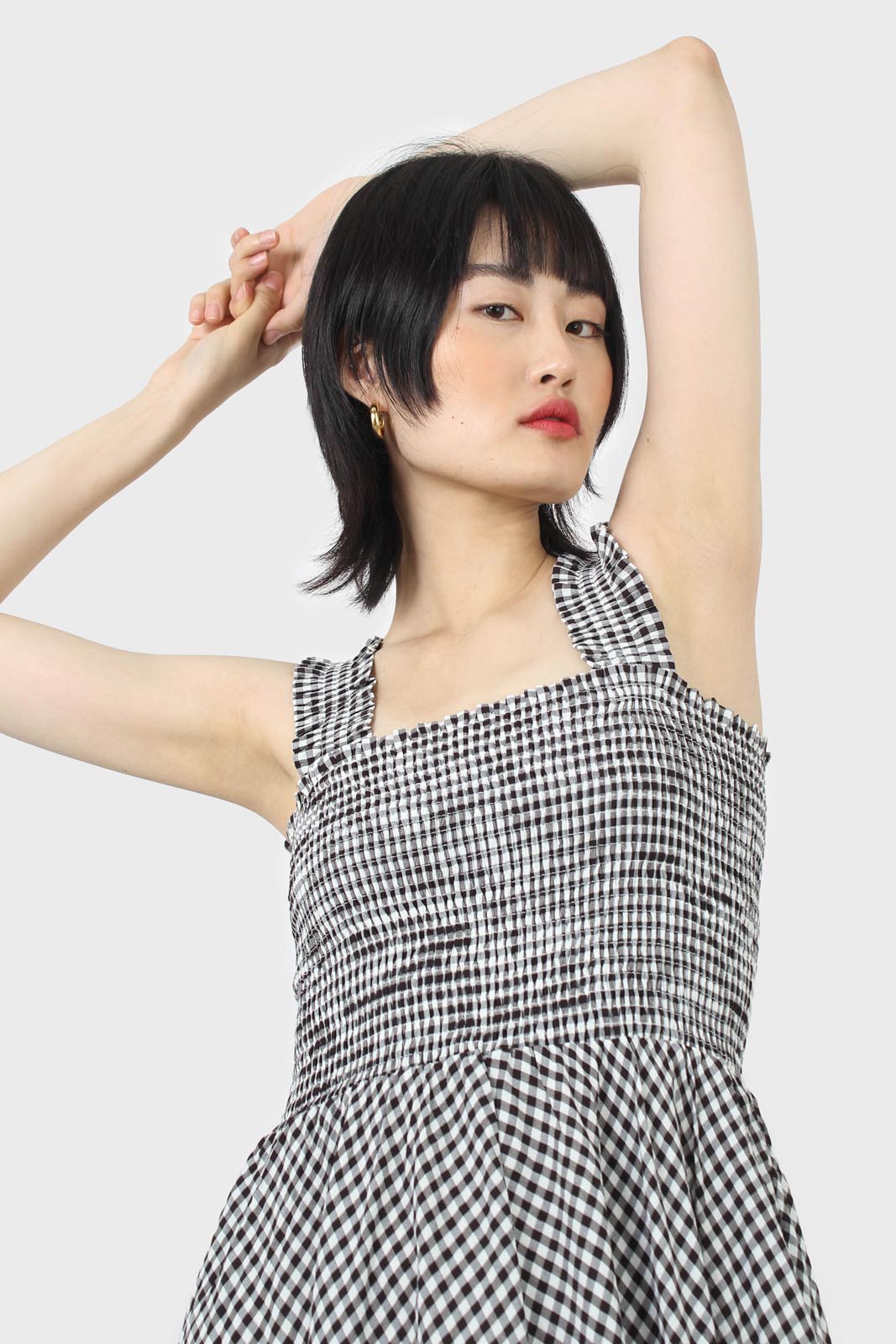 Black and white gingham ruched bodice dress_9