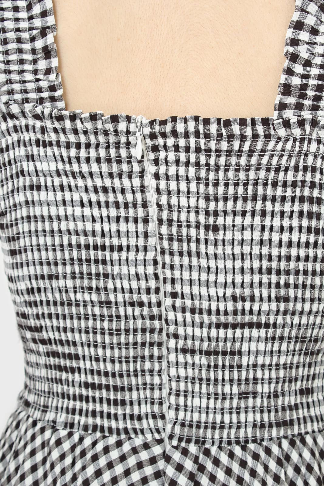 Black and white gingham ruched bodice dress