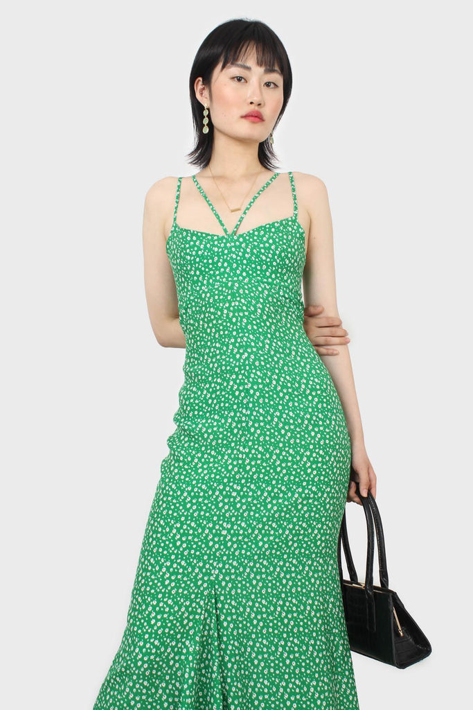 Green floral open back strappy midi dress_19