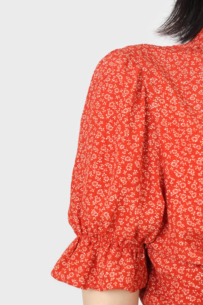 Orange and ivory floral puffed sleeve wrap mini dress_5