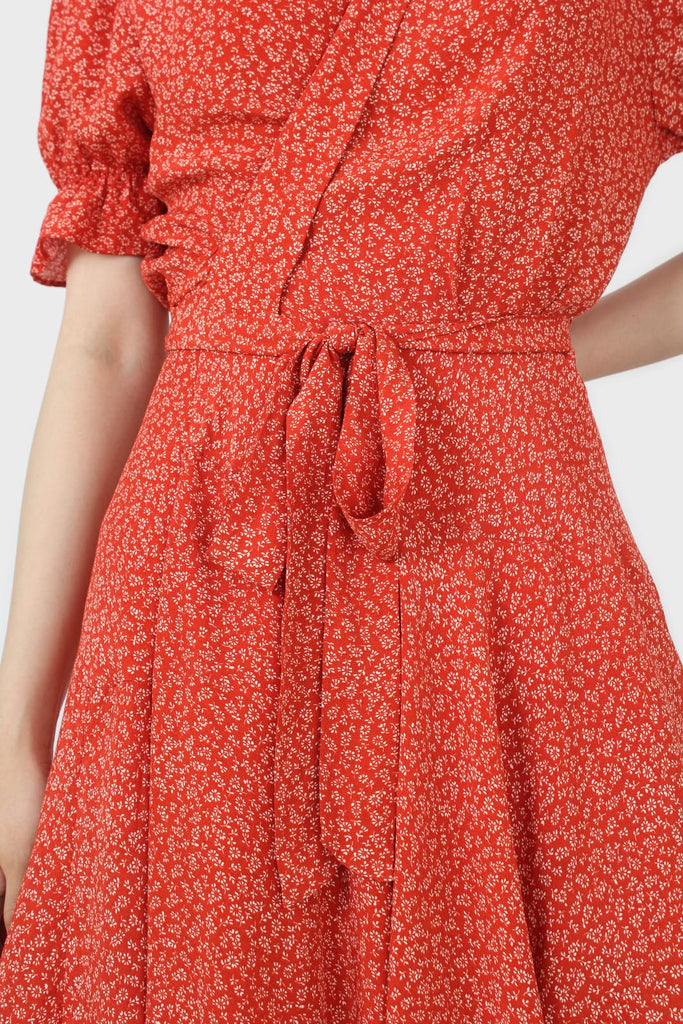 Orange and ivory floral puffed sleeve wrap mini dress_6