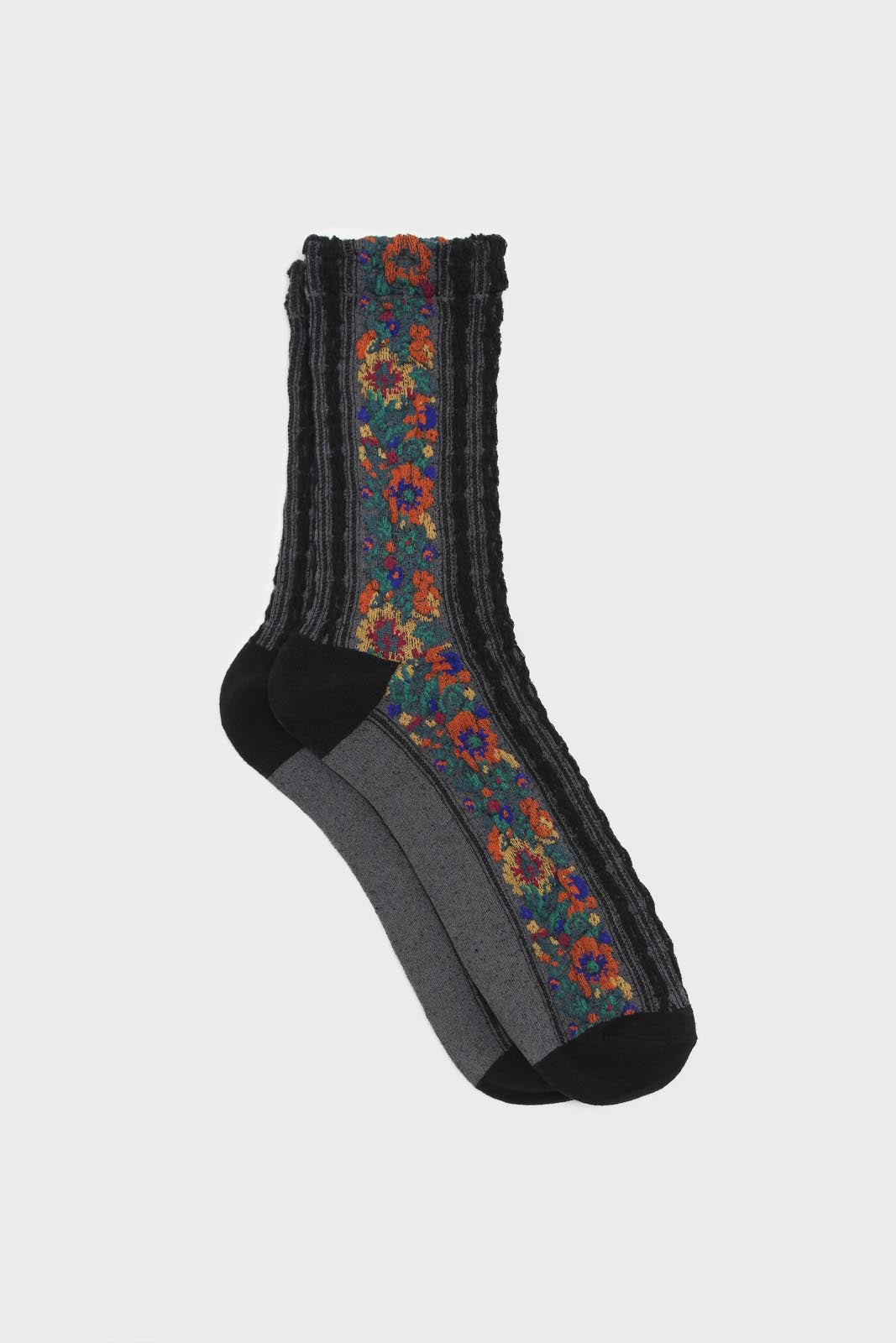 Black textured floral strip socks_3