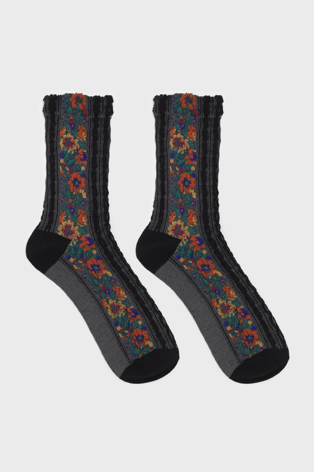 Black textured floral strip socks_5