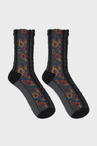 Black textured floral strip socks_5