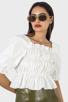 Ivory ruched puff sleeve cropped top_1