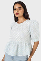 Pale blue eyelet puff sleeved open back blouse_5