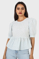 Pale blue eyelet puff sleeved open back blouse_8