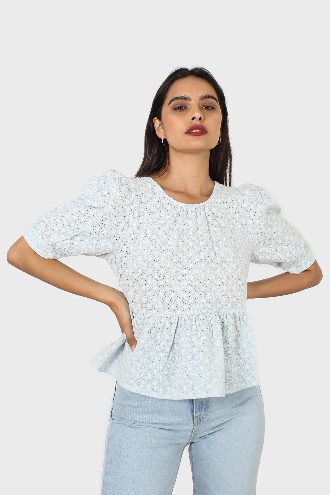 Pale blue eyelet puff sleeved open back blouse_9