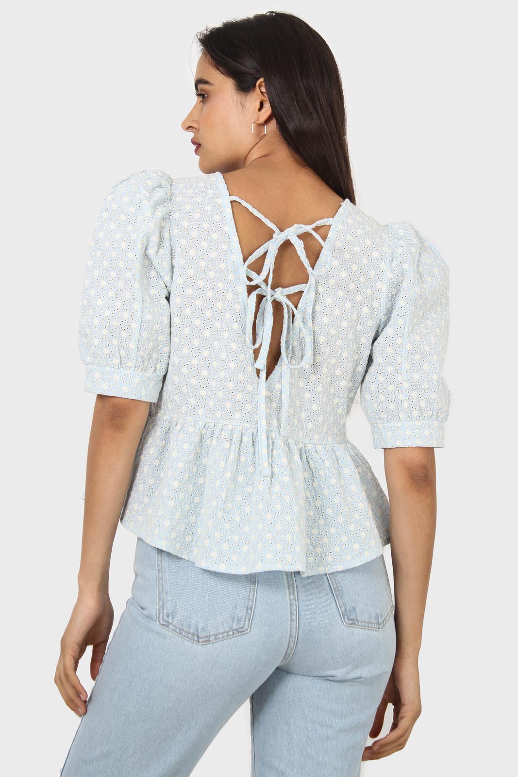 Pale blue eyelet puff sleeved open back blouse_1