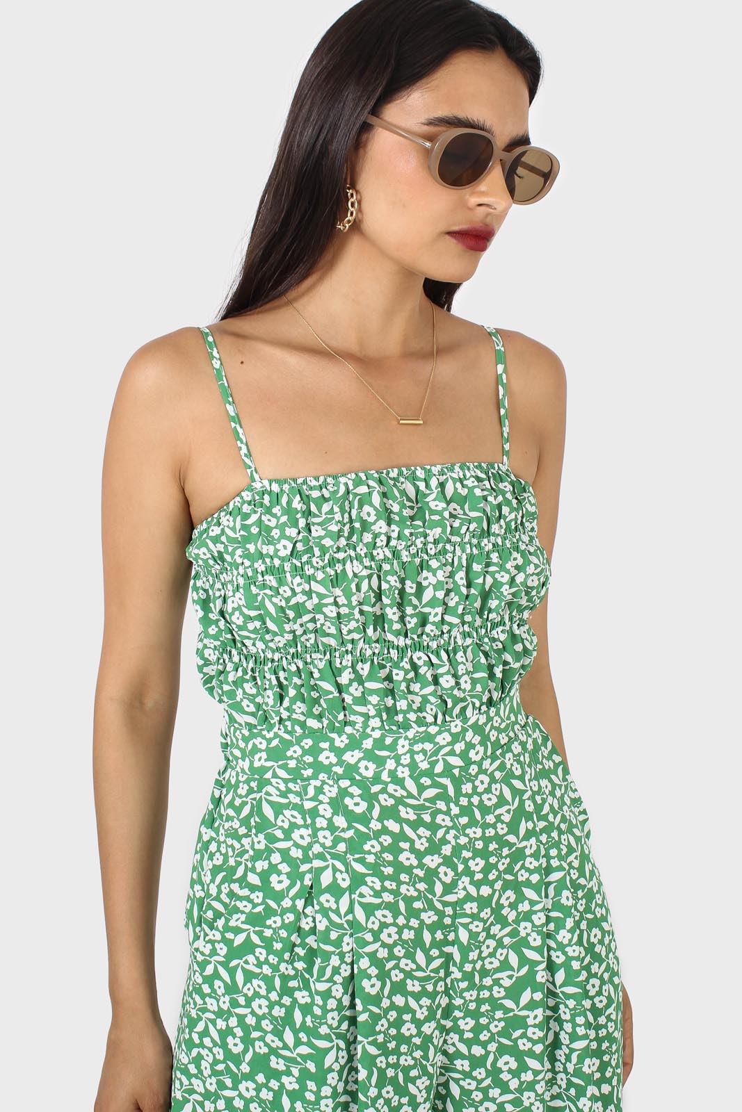 Green and white graphic floral ruched bodice jumpsuit_6