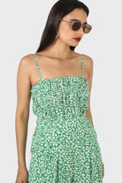 Green and white graphic floral ruched bodice jumpsuit_6