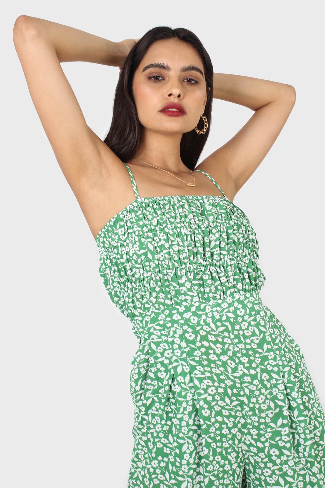 Green and white graphic floral ruched bodice jumpsuit_2
