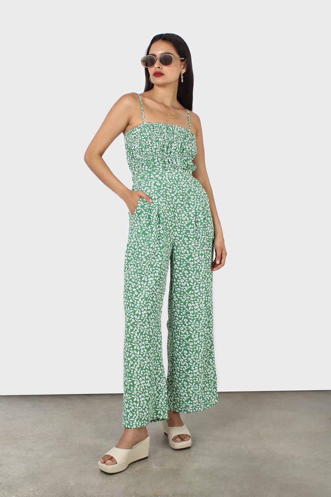 Green and white graphic floral ruched bodice jumpsuit_1