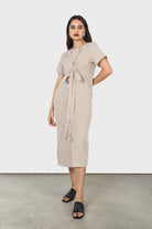 Dark beige and white gingham tie front dress_6