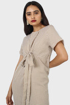 Dark beige and white gingham tie front dress_8