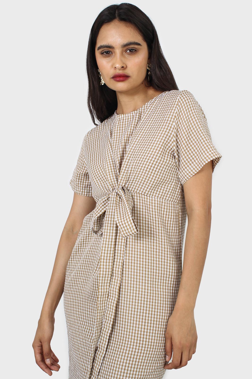 Dark beige and white gingham tie front dress_9