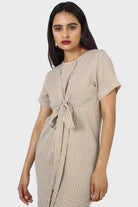 Dark beige and white gingham tie front dress_9