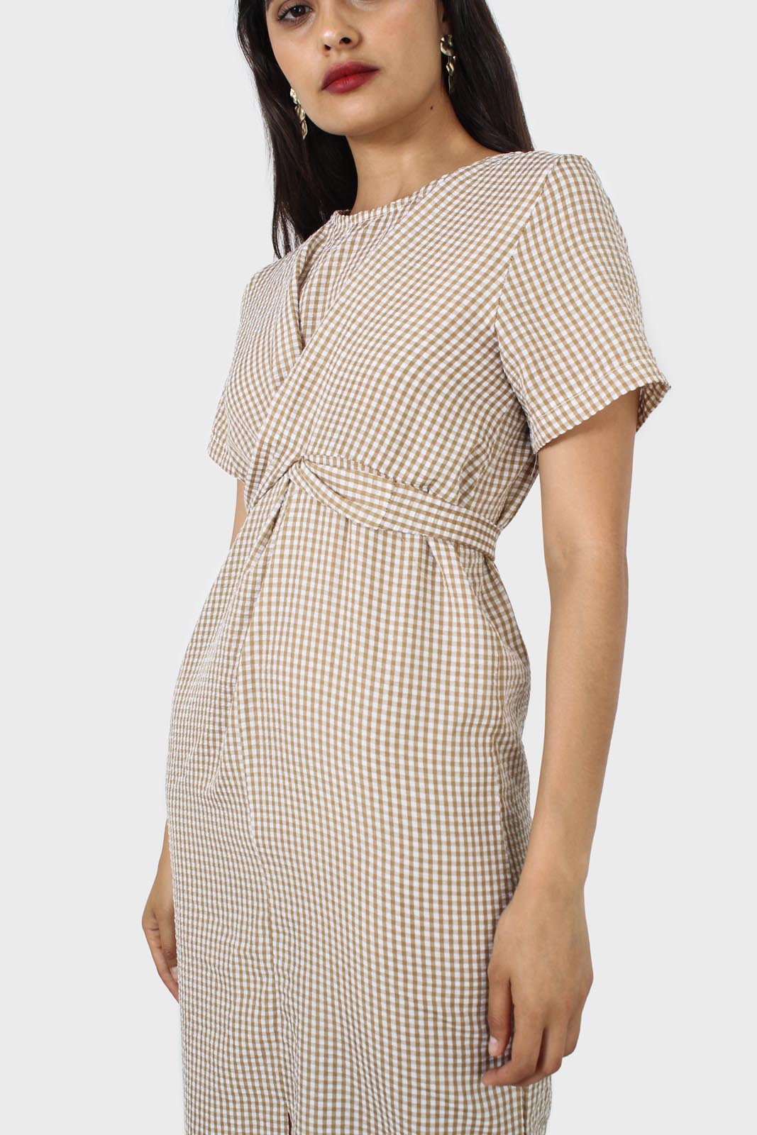 Dark beige and white gingham tie front dress_3
