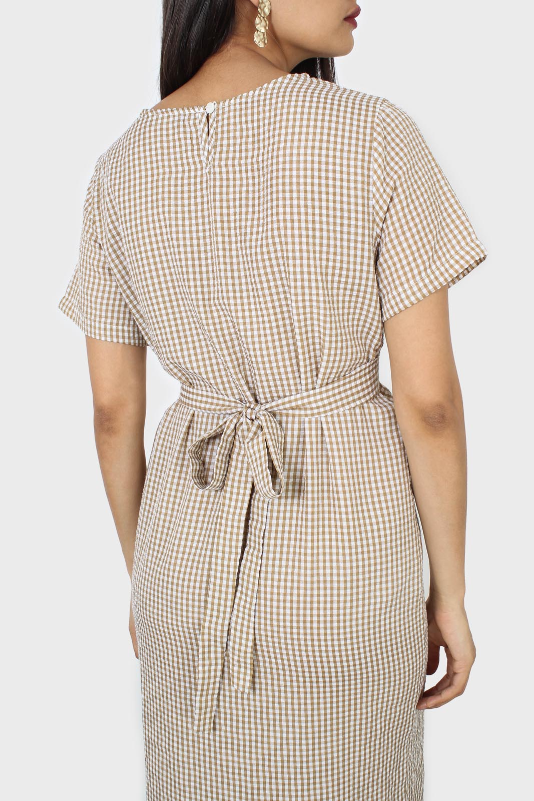 Dark beige and white gingham tie front dress_5