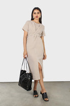 Dark beige and white gingham tie front dress_1