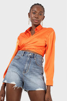 Orange thick silky plunging tie front shirt_7