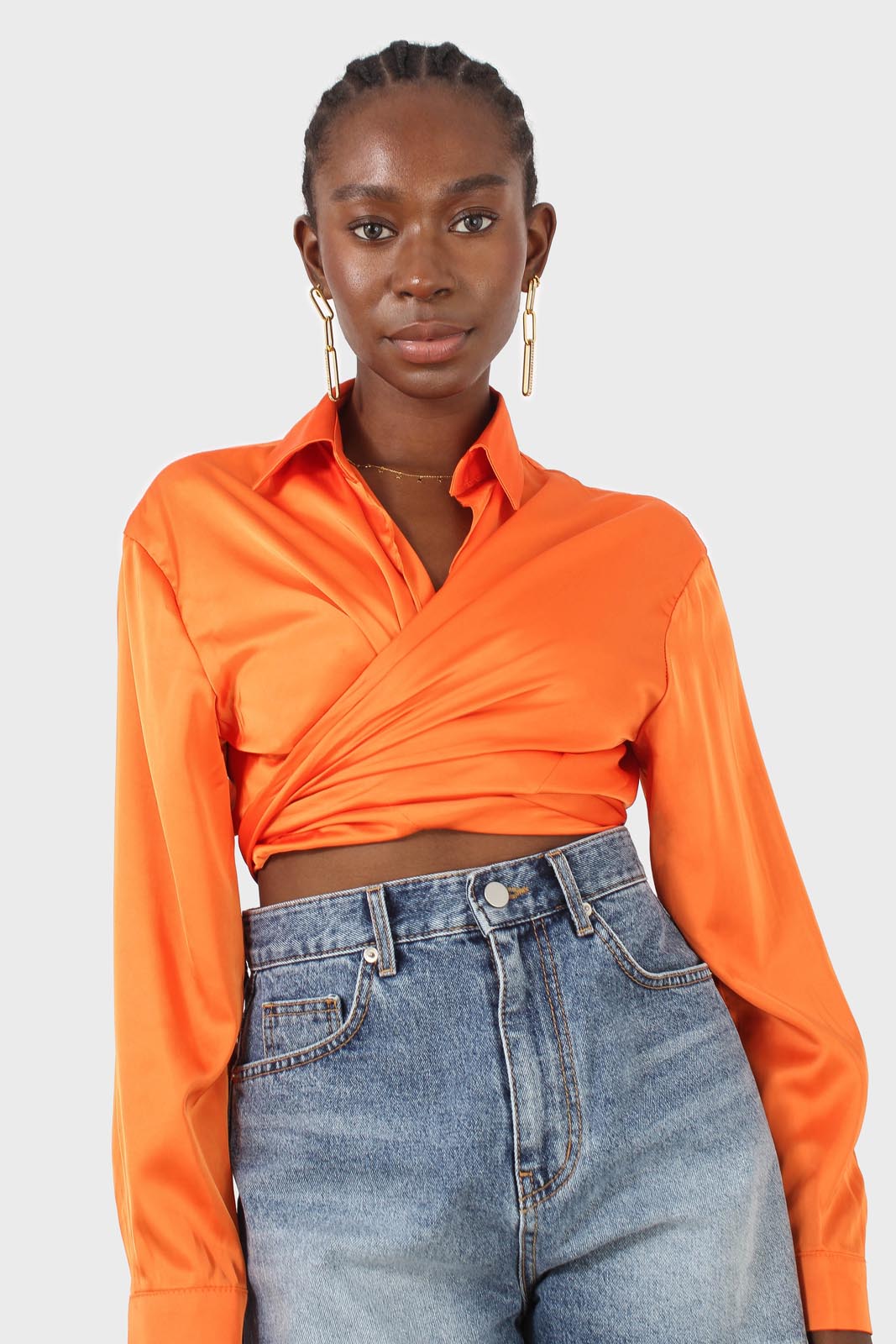 Orange thick silky plunging tie front shirt_1