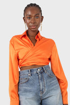 Orange thick silky plunging tie front shirt_1