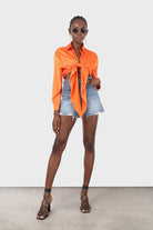Orange thick silky plunging tie front shirt_4