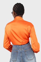 Orange thick silky plunging tie front shirt_3