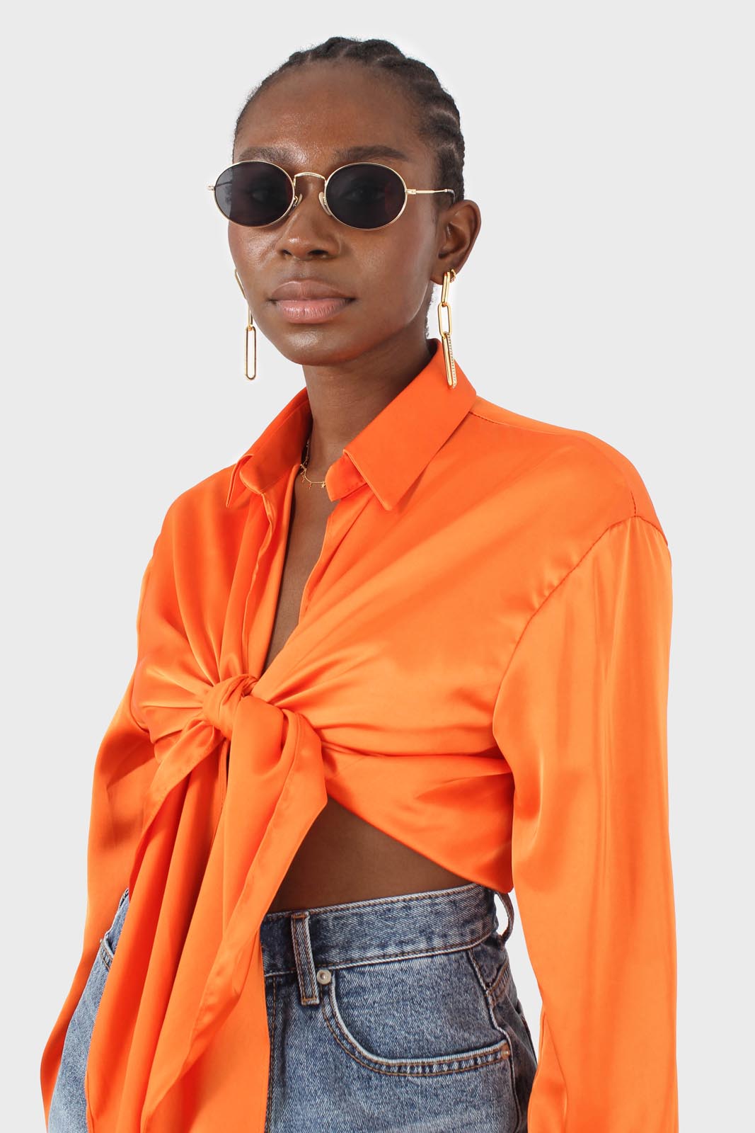 Orange thick silky plunging tie front shirt_11