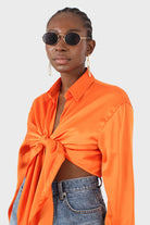 Orange thick silky plunging tie front shirt_11