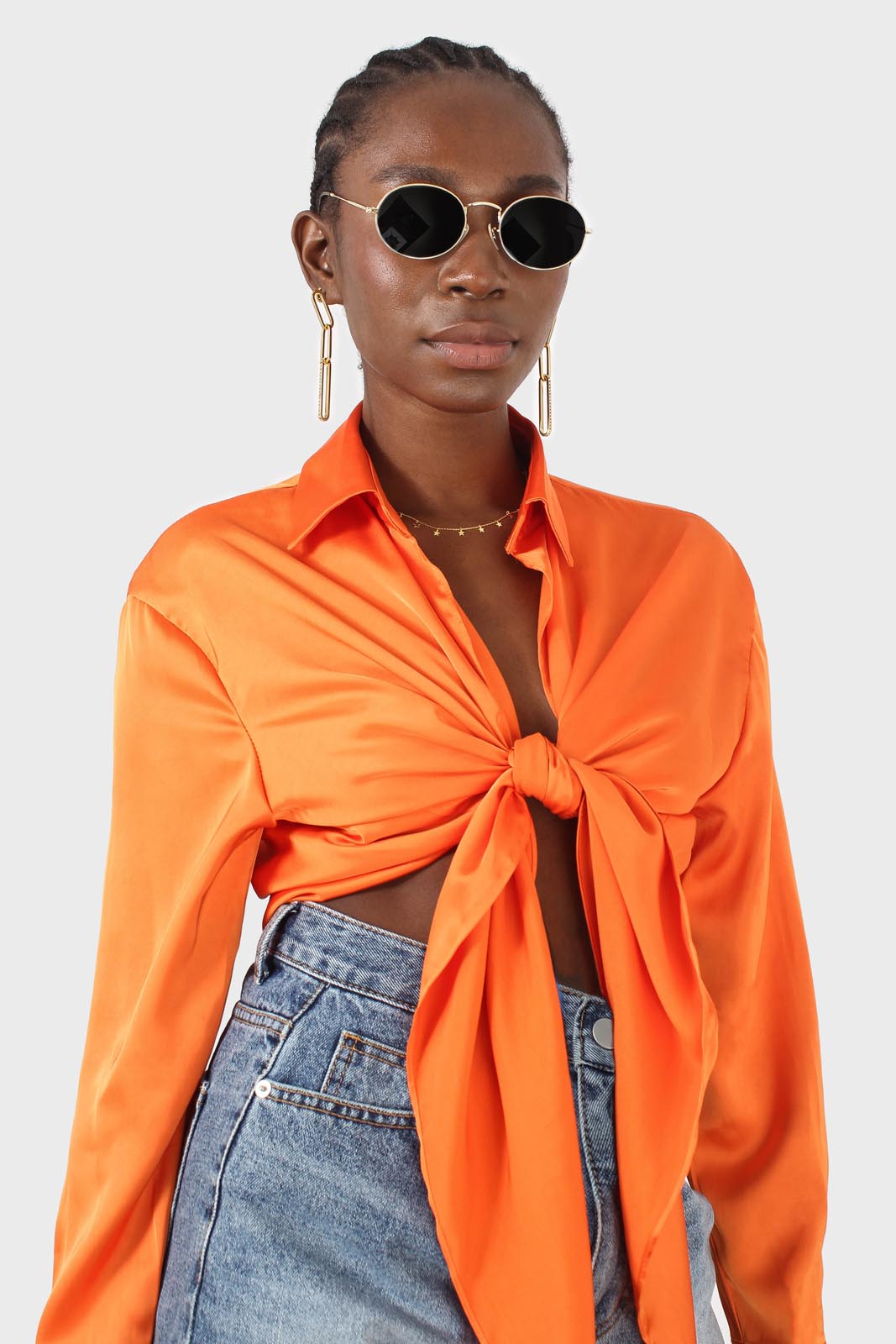 Orange thick silky plunging tie front shirt_12