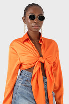 Orange thick silky plunging tie front shirt_12